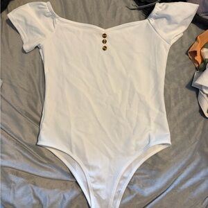 White Ribbed Women’s Bodysuit with Button Detail